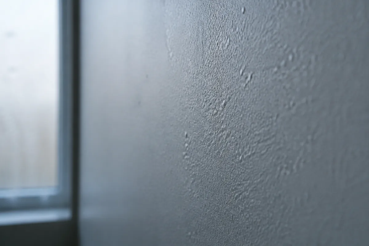Mur de salle de bains couvert de fines gouttelettes de condensation près d&rsquo;une douche