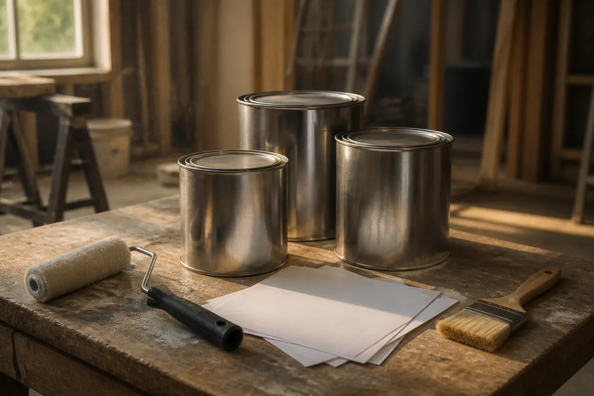 Pots de peinture et fiches techniques posés sur un établi dans une pièce en travaux