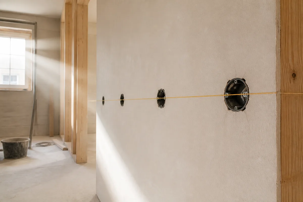 Mur de cloison en cours de second œuvre avec boîtiers d&rsquo;encastrement alignés au cordeau