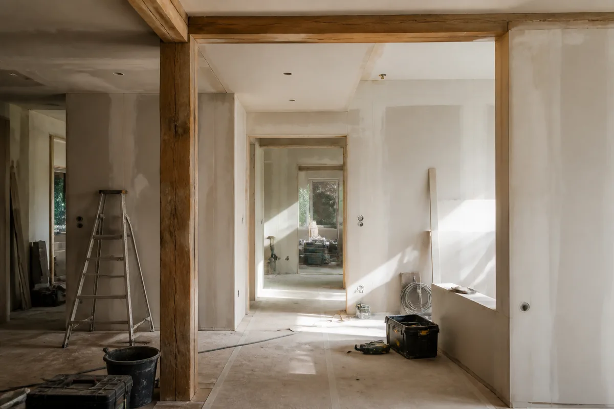 Plan de rénovation déplié sur un établi, avec crayon, mètre ruban et niveau à bulle posés dessus