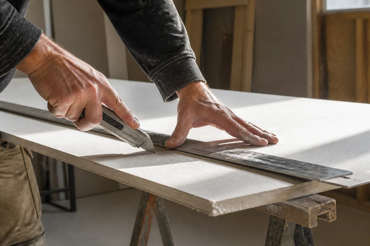 Découpe d&rsquo;une plaque de plâtre au cutter le long d&rsquo;une règle métallique posée sur tréteaux