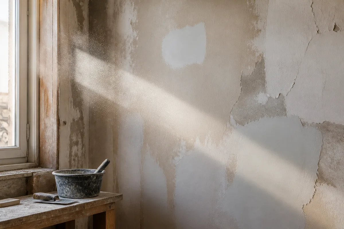 Mur intérieur présentant des zones de rebouchage claires et une ancienne peinture écaillée