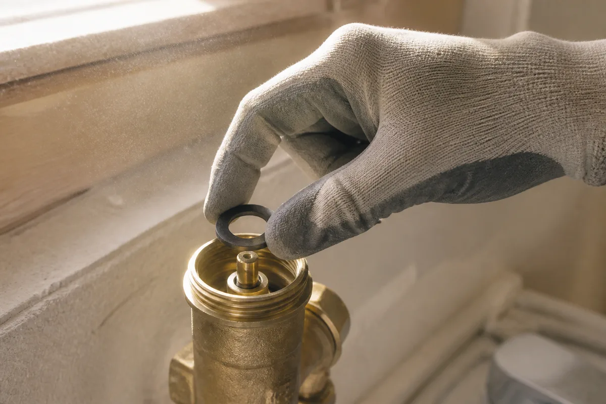 Main gantée déposant un joint plat neuf au fond d&rsquo;une tête de robinet en laiton