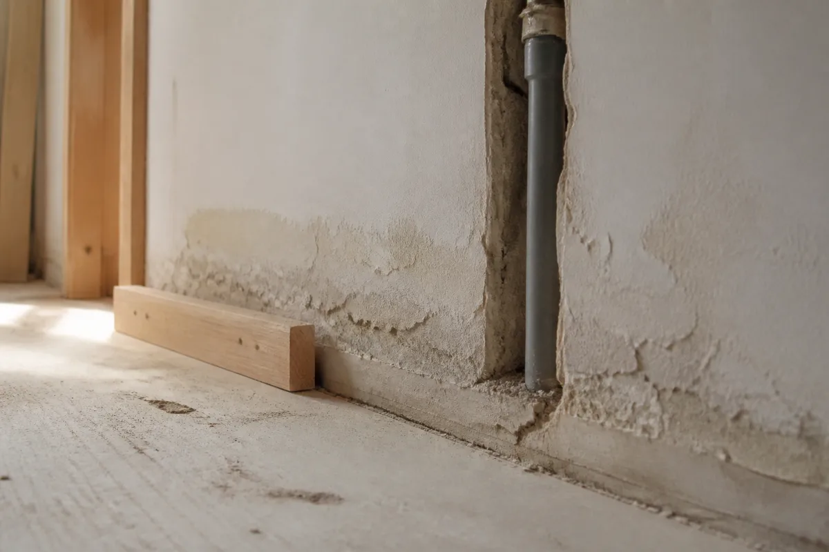 Bas de mur présentant une auréole d&rsquo;humidité et une peinture cloquée près d&rsquo;une canalisation encastrée