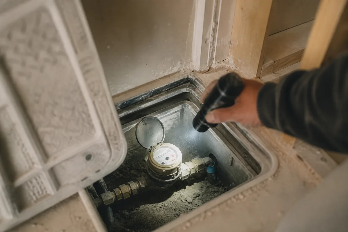 Vérification de l&rsquo;index d&rsquo;un compteur d&rsquo;eau à l&rsquo;aide d&rsquo;une lampe dans un regard de branchement