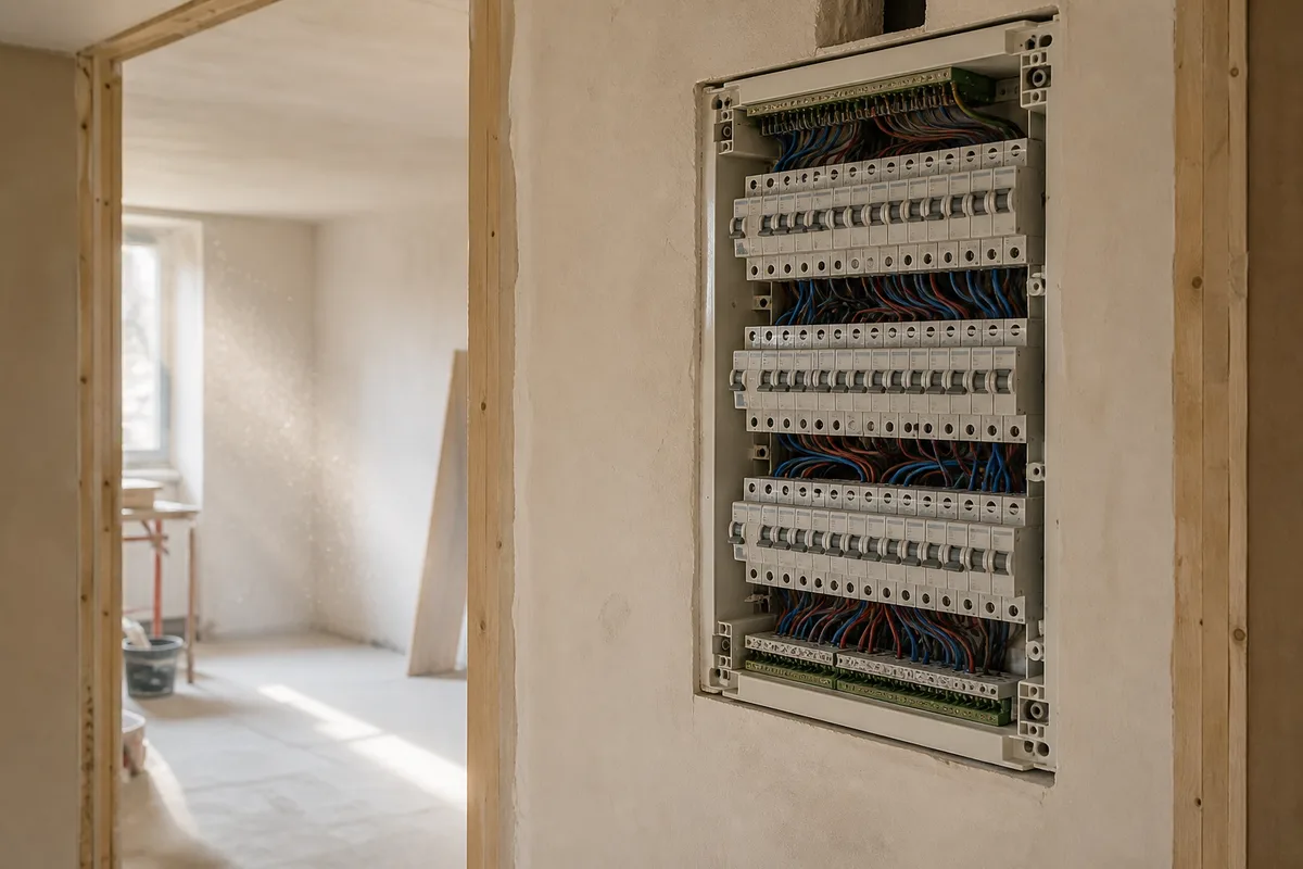 Tableau électrique domestique ouvert montrant plusieurs rangées de disjoncteurs alignés